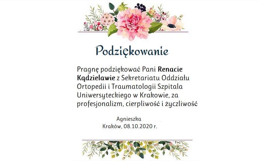 Podziękowanie dla Pani Renaty Kądzielawy z Sekretariatu oddz. Ortopedii i Traumatologii
